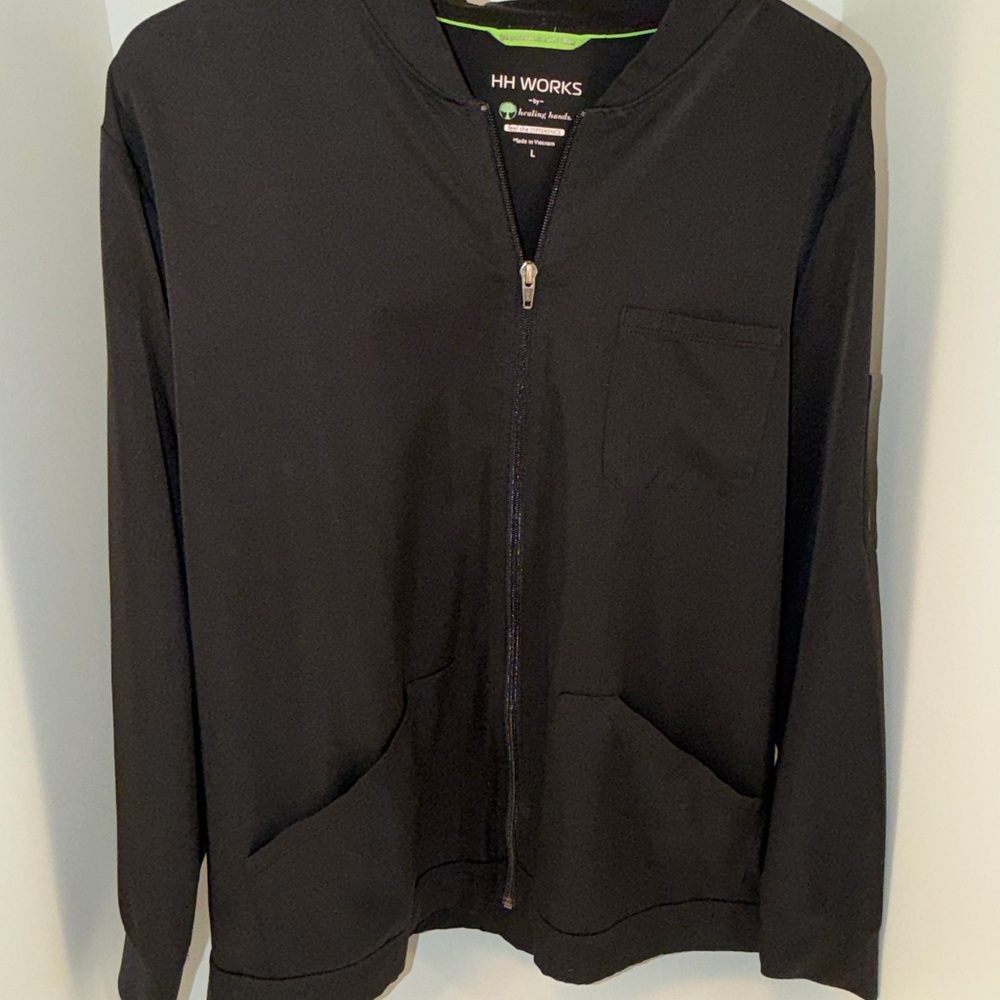 Healing Hands Black Zip Front Scrub Jacket Large